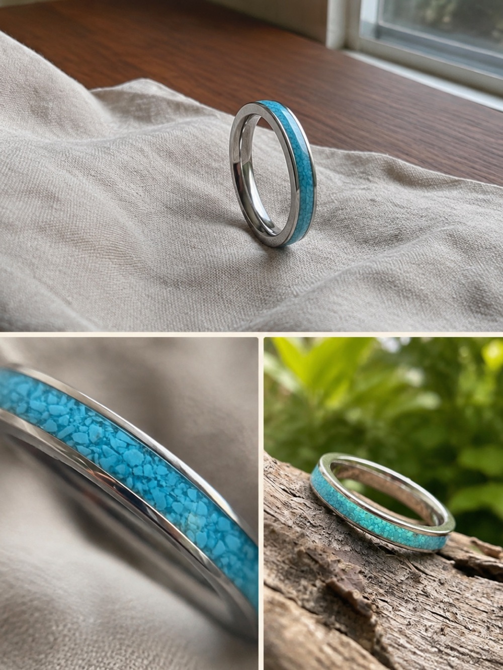 3mm Natural Turquoise Inlay Titanium Wedding Band Ring Minimalist Boho Luxury
